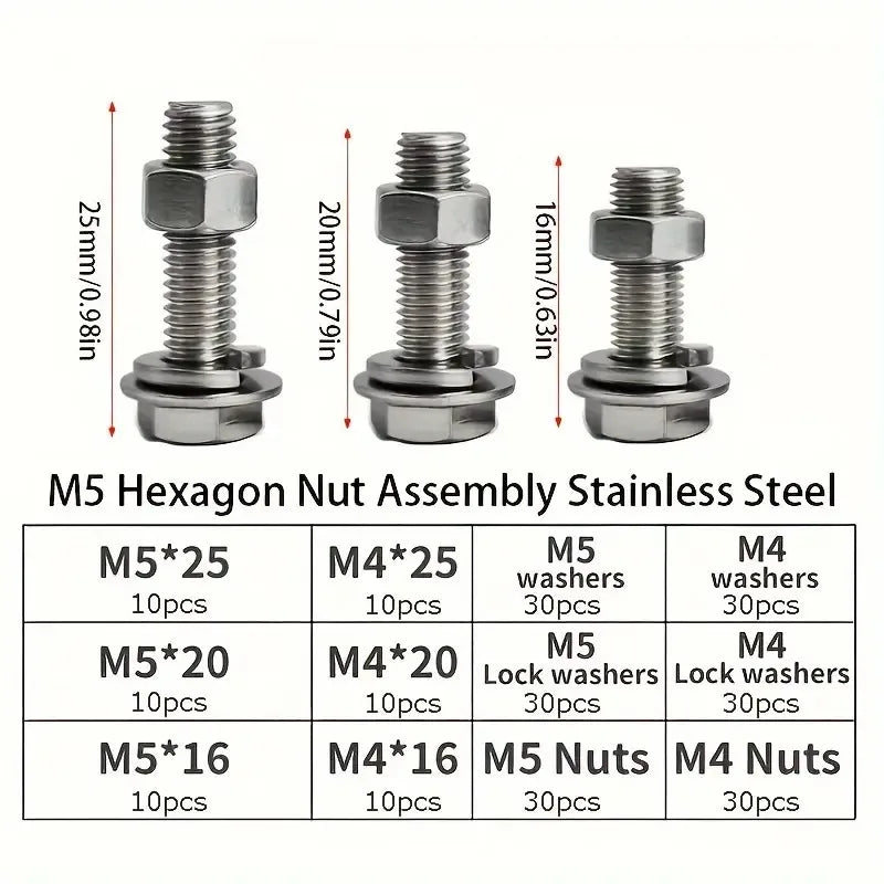 240pcs Stainless Steel Hex Bolt & Nut Set - Durable