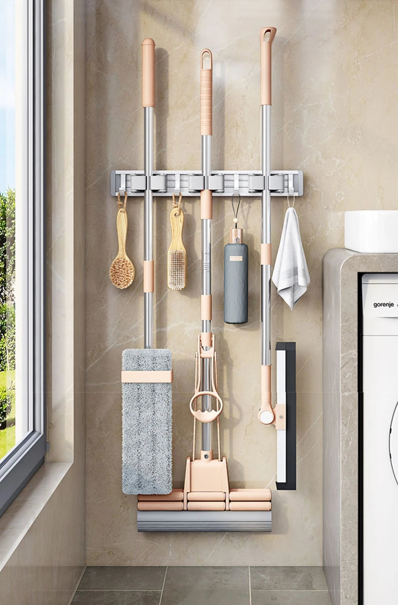 Wall Mounted Mop And Broom Organizer Rack with 5 Hooks Strong Mop
