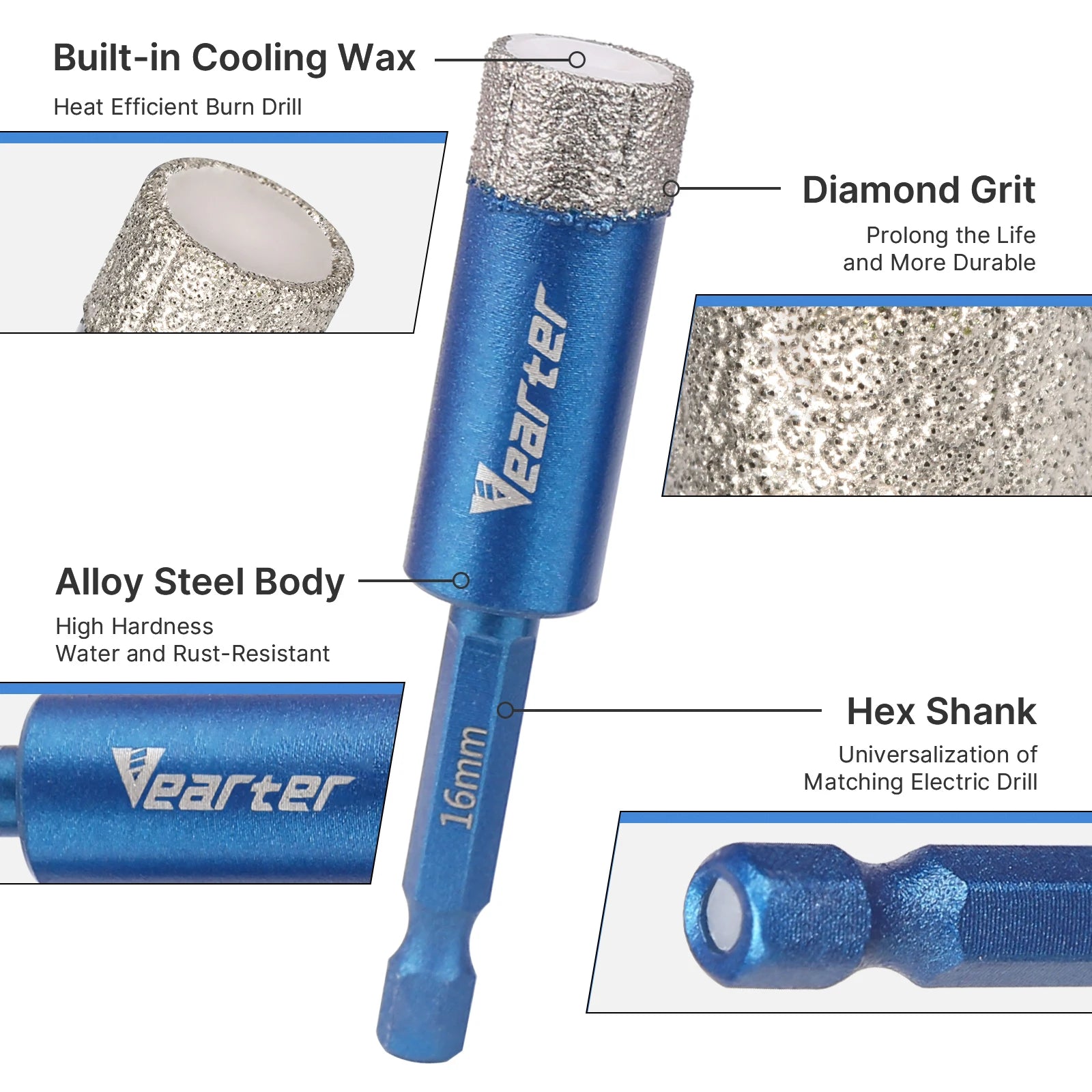 Vearter 6-16mm Diamond Dry Drilling Core Bit Hex Shank Brazed Drill