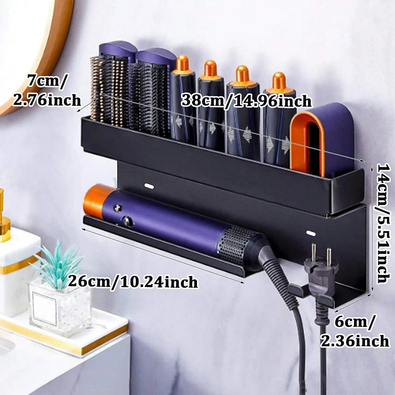 Non drilling wall mounted hair styling tool storage rack, bathroom