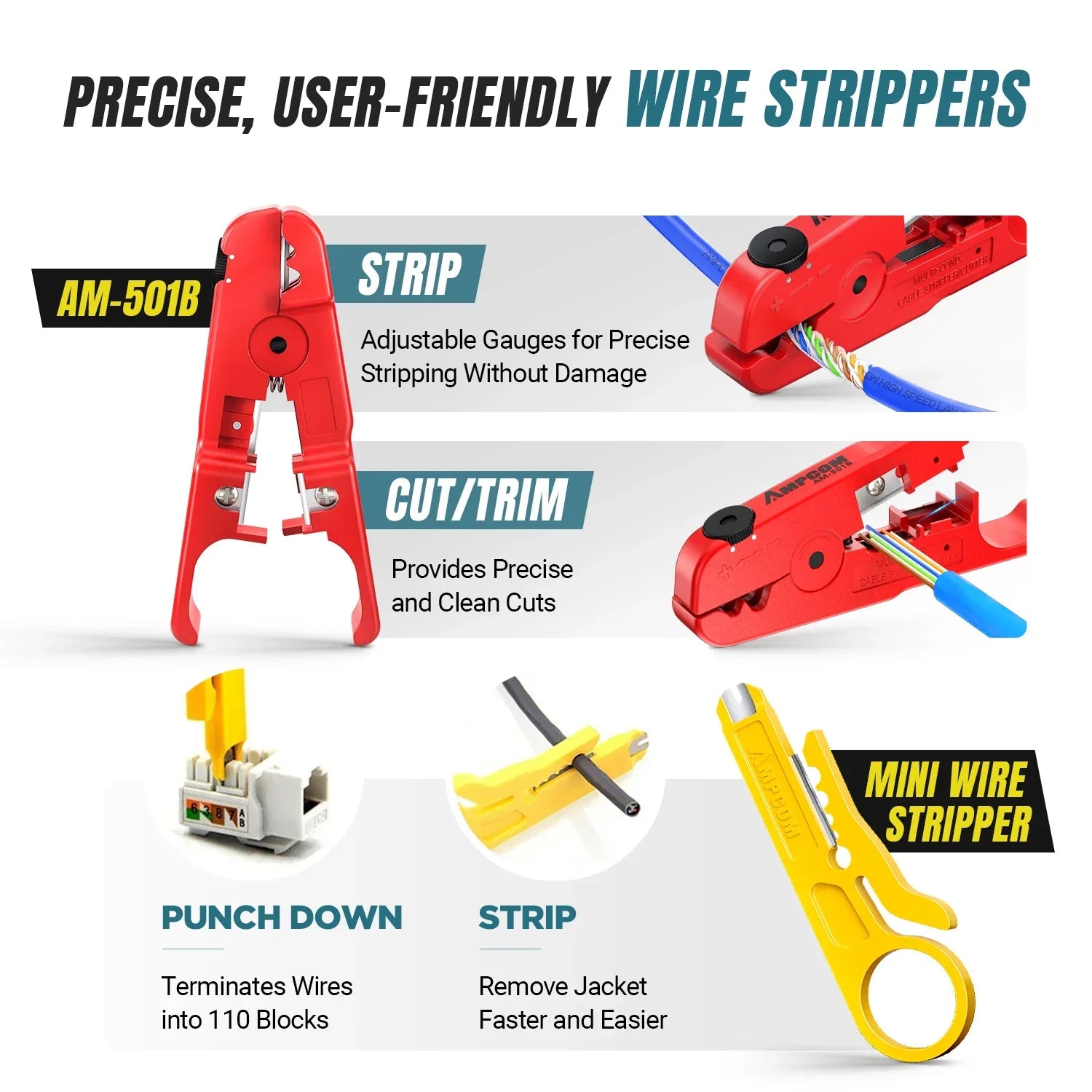 AMPCOM RJ45 Pass-Through Crimping Kit – Crimper, Punch-Down & Tester