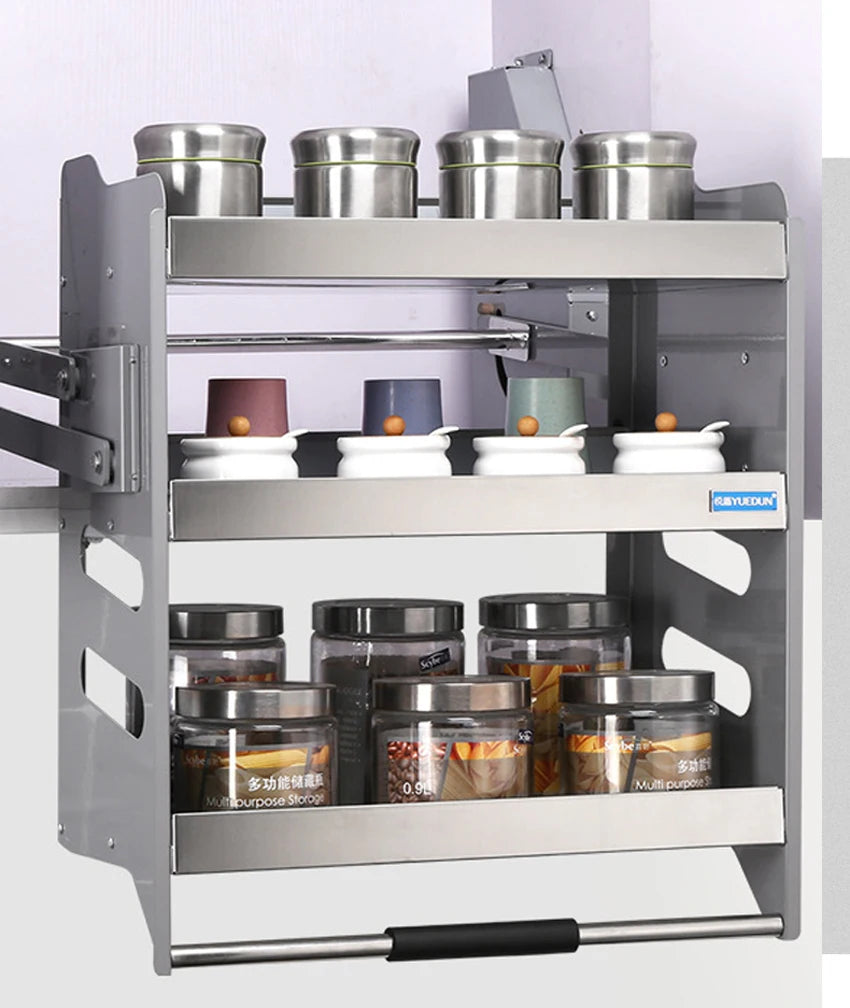 3-Layer Lift-Up Pull-Down Cabinet Basket – Stainless Steel Kitchen