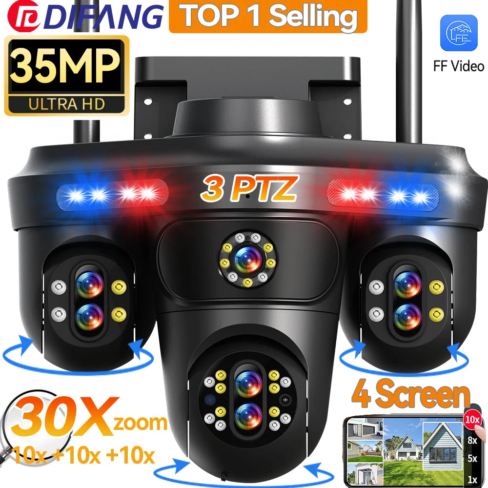 DIFANG 35MP WiFi IP Camera 4 Screens 7 Lens 10X Zoom Outdoor Wireless