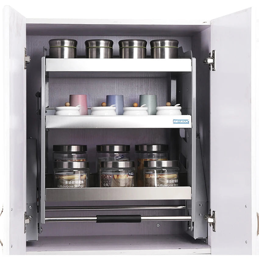 3-Layer Lift-Up Pull-Down Cabinet Basket – Stainless Steel Kitchen