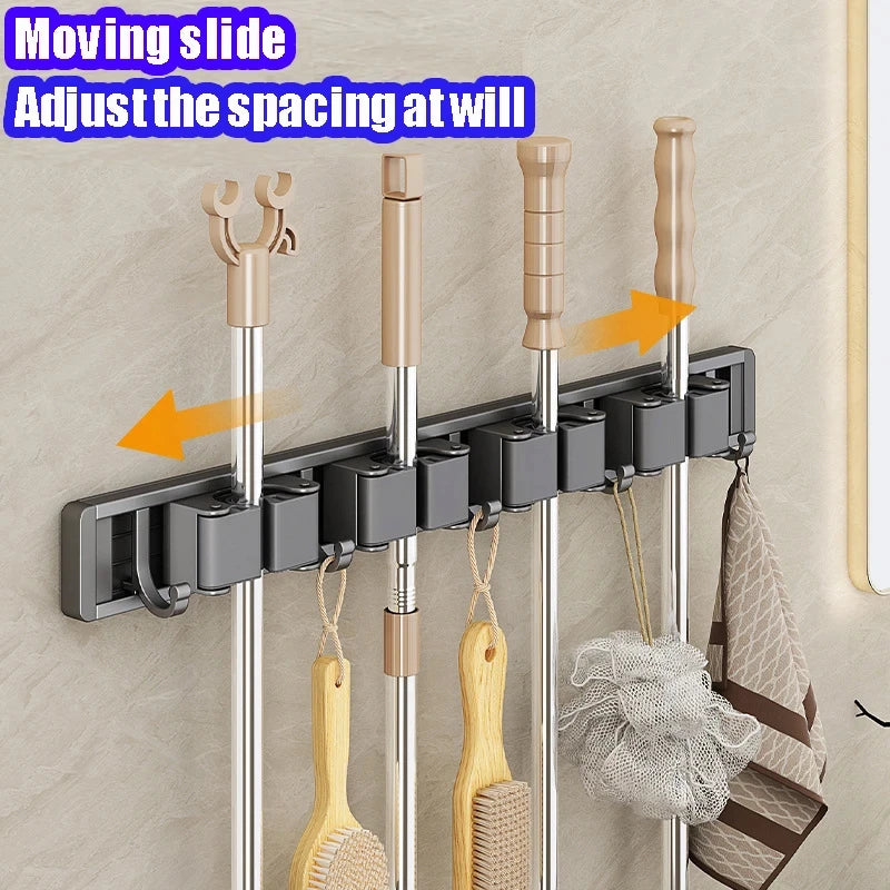 Wall Mounted Mop And Broom Organizer Rack with 5 Hooks Strong Mop