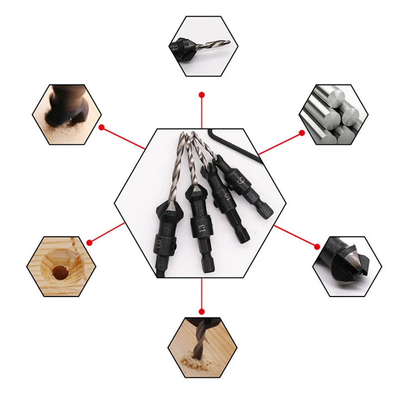 4pc Cone-shaped Countersunk Head Drill Hexagonal Shank Hole Expanding