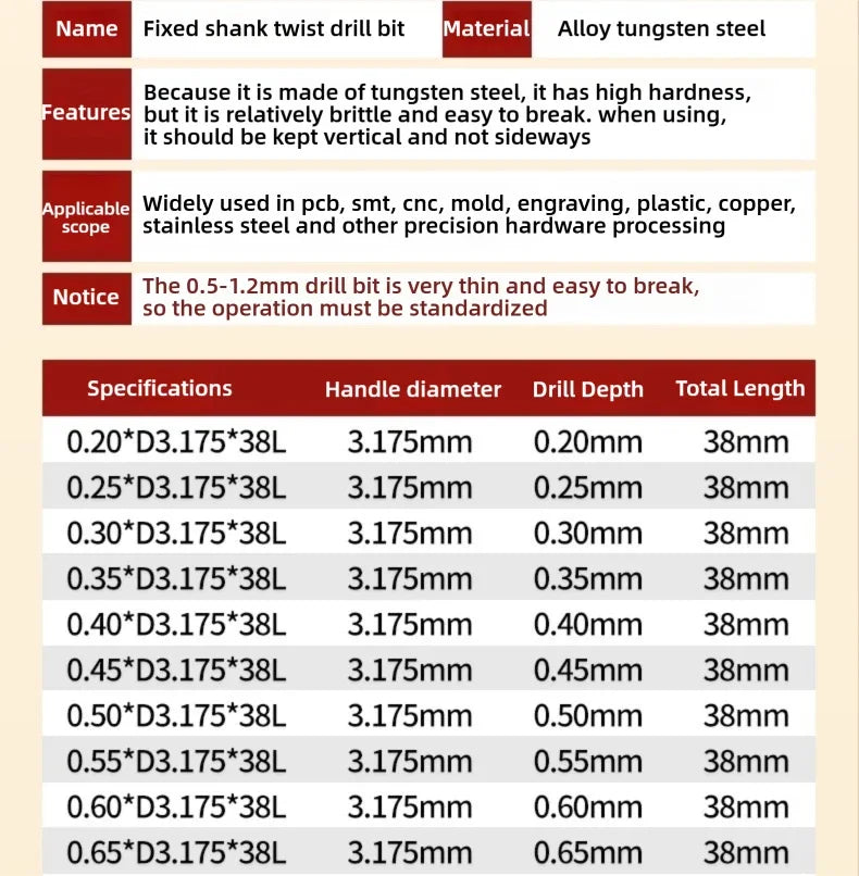TG Hard Alloy 0.2/0.5-3.0mm Micro Drill Bits Print Circuit Board