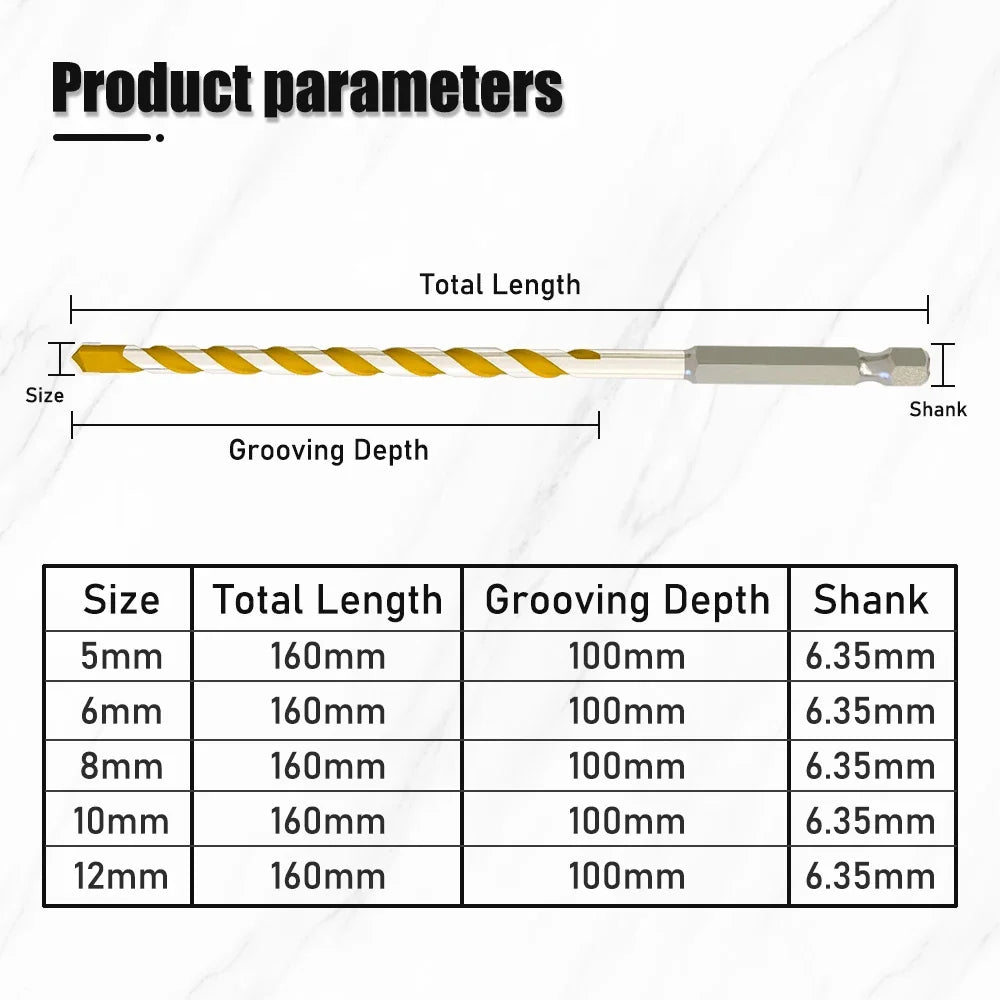 1/4" Hex Shank 160mm Tungsten Carbide Drill Bit 5/6/8/10/12mm for