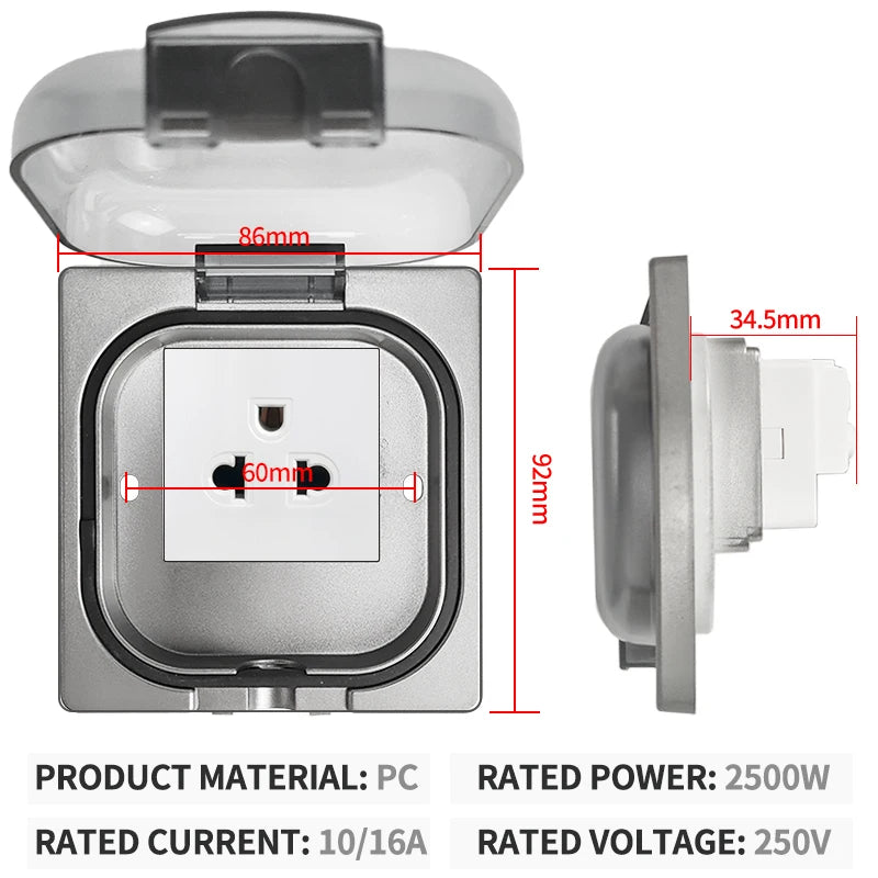 IP65 Waterproof Outdoor Socket, 16A High Power Wall Plate