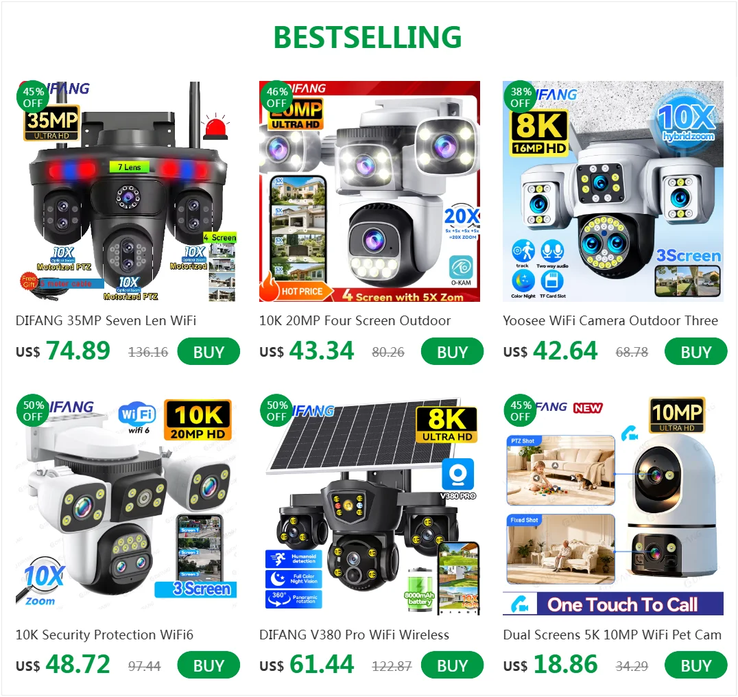 DIFANG 35MP WiFi IP Camera 4 Screens 7 Lens 10X Zoom Outdoor Wireless