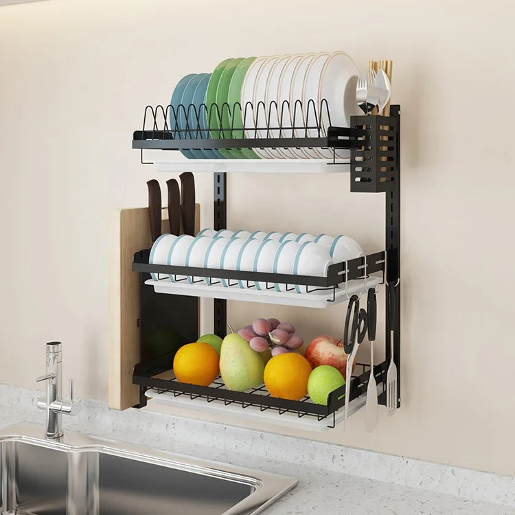Wall-Mounted 3-Layer Stainless Steel Dish Drying Rack – Black