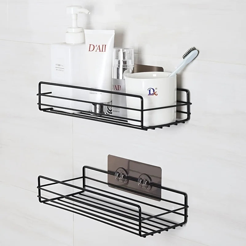 No Drill Double Bathroom Shelf with 4 Seamless Hooks