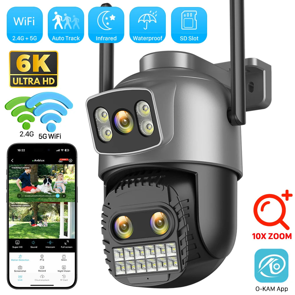 Outdoor Dual Screen Security PTZ Cam, Auto Tracking Surveillance, 6K