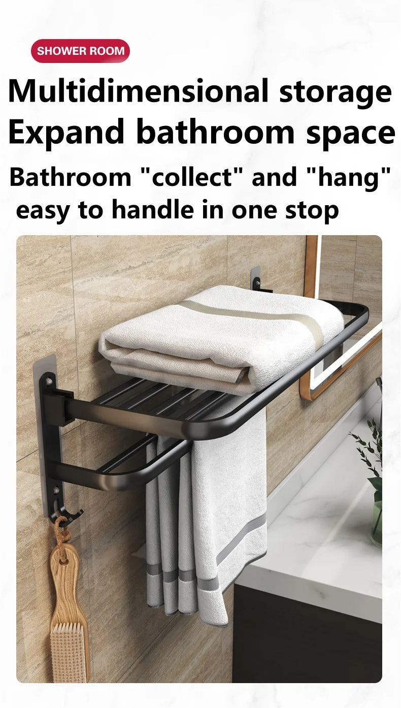 Matte Black 50CM Folding Holder With Hook Towel Holder Wall Mount