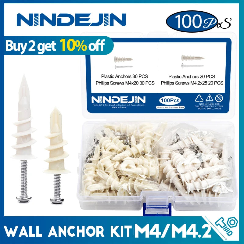 NINDEJIN 100pcs/set Self-drilling Drywall Plastic Anchors With Screw