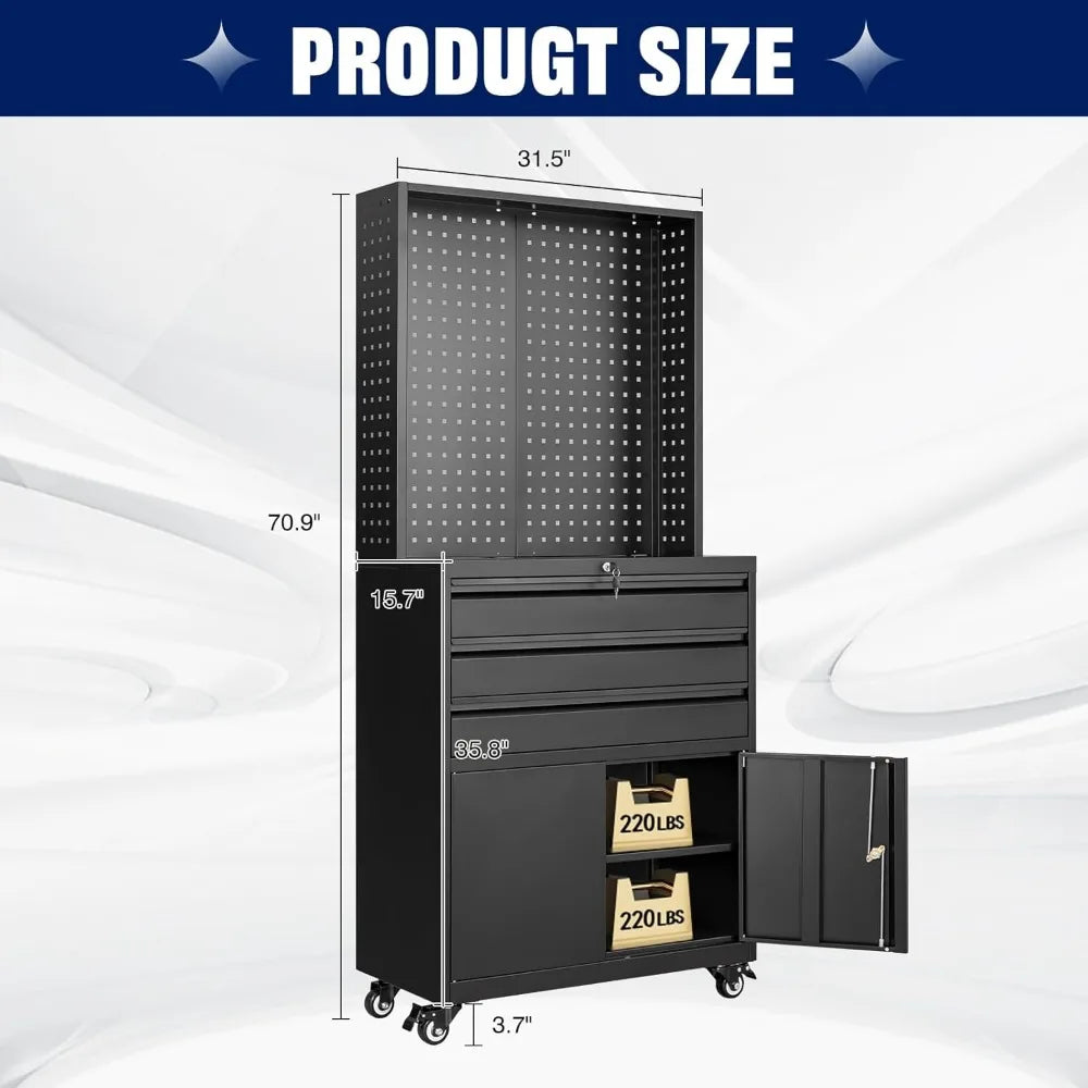 71" Rolling Steel Garage Cabinet – 3 Drawers, 2 Doors & Adjustable