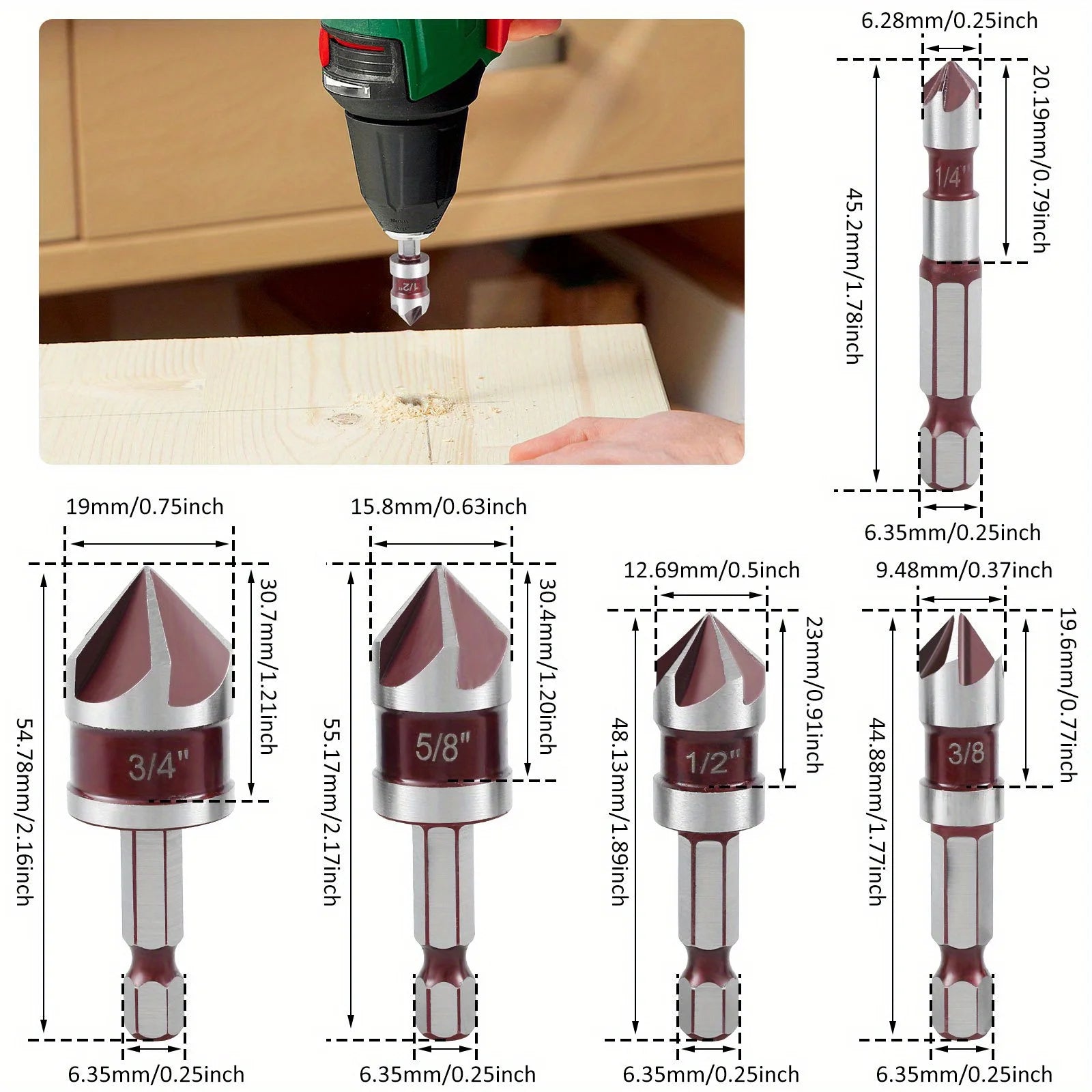 5pcs M35 Cobalt Countersink Drill Bit Set 5 Flute 82° 1/4" Hex Shank